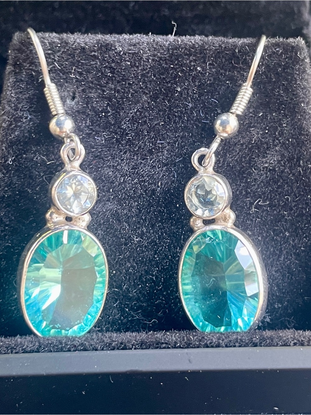 Blue and White Topaz Bezel Set Dangle Earrings in 925 Silver